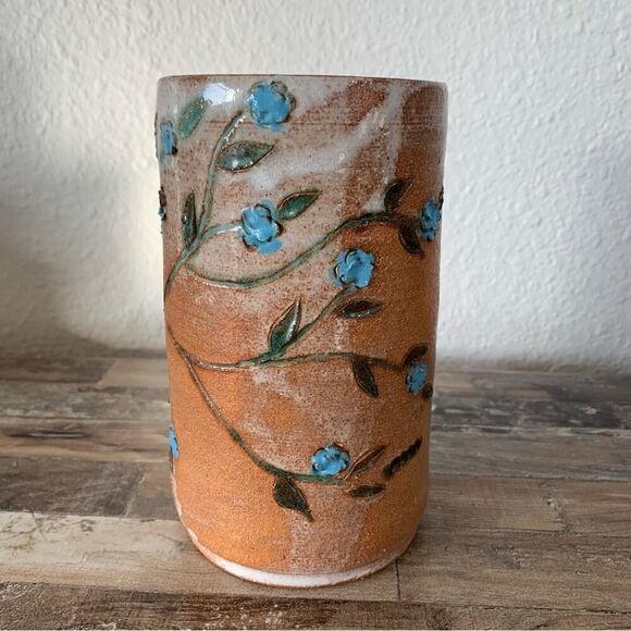 Vintage Schau Pottery Clay Glazed Floral Handmade 3D Vase Terracotta Blue 7”H - Picture 12 of 12